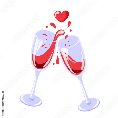 Clinking glasses with splashing wine in cartoon, flat style. Alcoholic beverage. Vector illustration isolated on a white background.