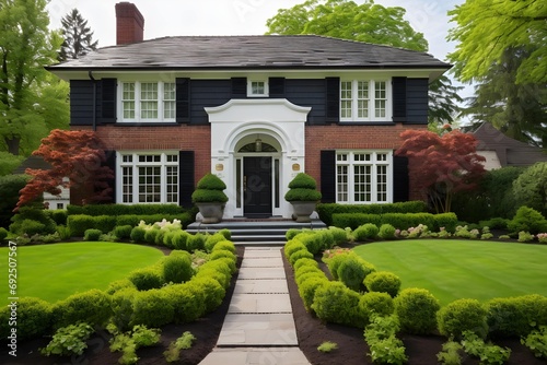 Colonial style brick family house exterior with black roof tiles. Beautiful front yard with lawn and flower bed. 