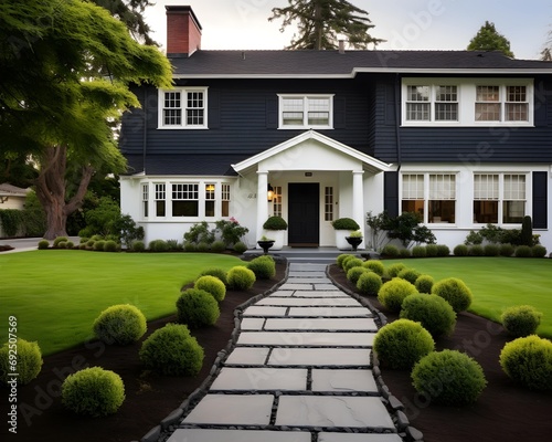 Colonial style brick family house exterior with black roof tiles. Beautiful front yard with lawn and flower bed.