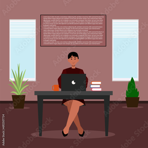 Immerse your audience in scene of concentrated work with detailed illustration featuring a girl sitting at a desk, fully engaged with her laptop. Ideal for workplace visuals, remote work campaigns.