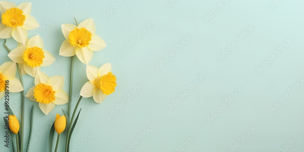Daffodil flowers on pastel background. Creative lifestyle, summer, spring concept. Copy Space. Daffodil flowers on pastel background. Creative lifestyle, summer, spring concept. Copy Space.