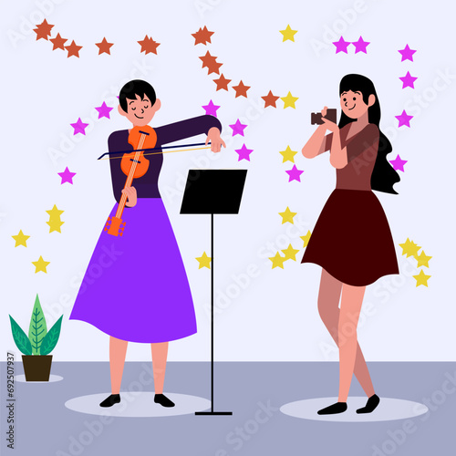 Immerse your audience in the enchanting world of music with this captivating illustration featuring a girl singing a song, accompanied by another capturing the moment.