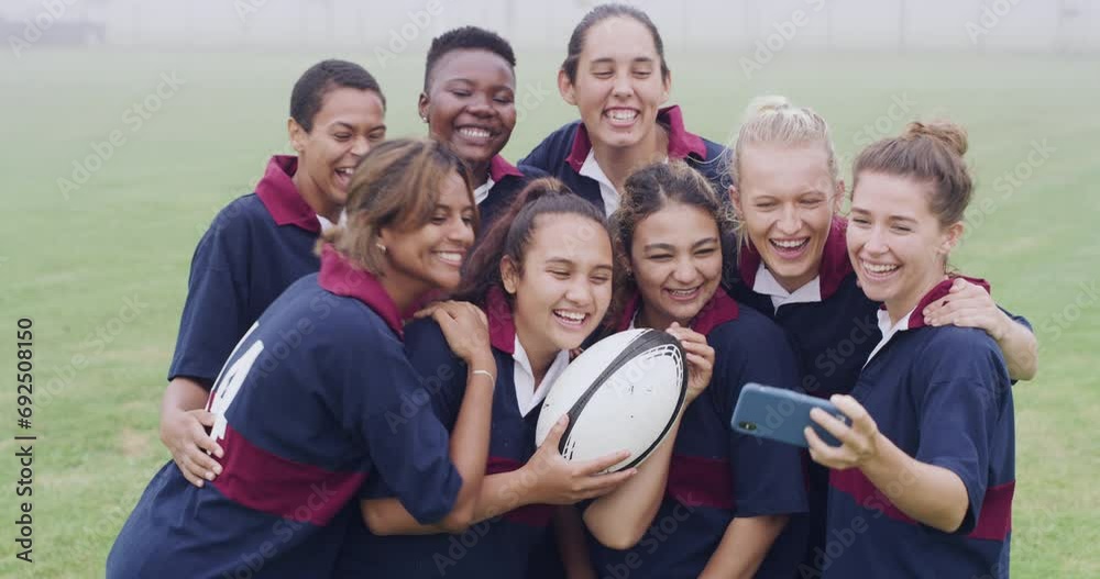 Women, sports and outdoor for team selfie, diversity and happy for rugby, peace sign and training at club. Girl group, tongue out and photography for hug, exercise and post on social network on pitch