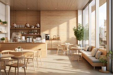 Interior design of cafe with wooden vintage style, decorated with warm and cozy tones, relaxing tones with classic old wood round corner counter and coffee machinery.