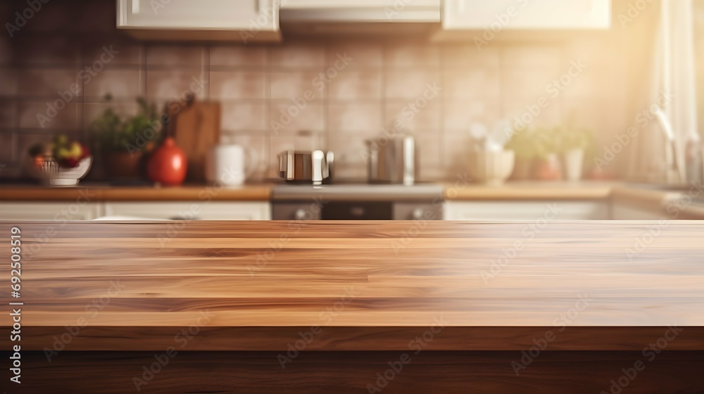 Empty wooden table with kitchen in background, copy space Empty wooden table with kitchen in background, copy space