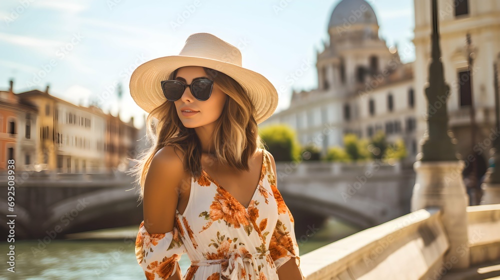 Female casual solo traveller roam alone woman summer casual dress summertime tour walking at famous destination landmark In Europe