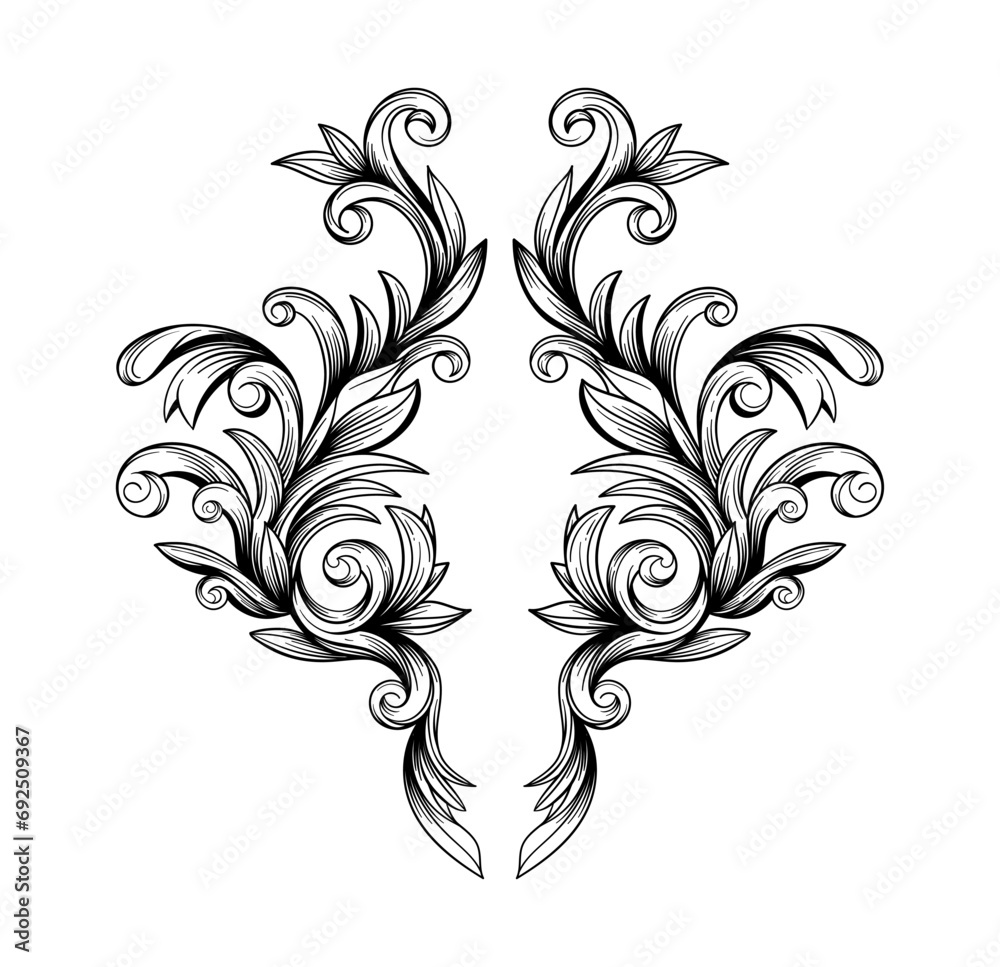 Realistic hand drawn baroque style ornamental border
