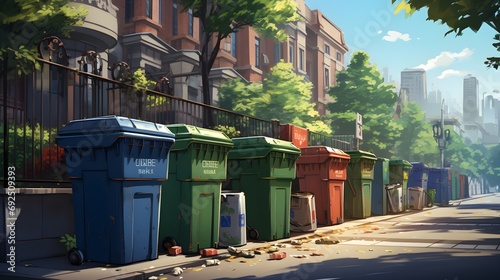 garbage containers standing on city streets.