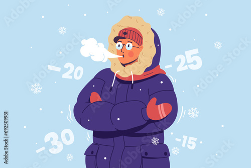 A young man in warm clothes, a hat and gloves is freezing and shivering from the cold. Freezing guy blows steam from his mouth. Cold weather. Vector illustration in cartoon style.