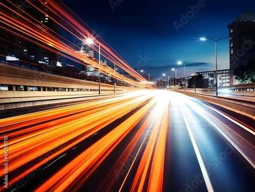 High speed urban traffic on a city highway during evening rush hour, car headlights and busy night transport captured by motion blur lighting effect and abstract long exposure