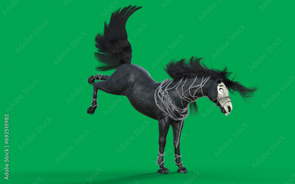 Obraz premium 3d Illustration of a fantasy black horse isolated on green screen background. Devil Horse. 