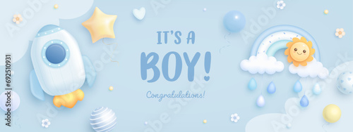 Baby shower horizontal banner, invitation or greeting card with cartoon rocket, rainbow, sun and helium balloons. It's a boy. Vector illustration