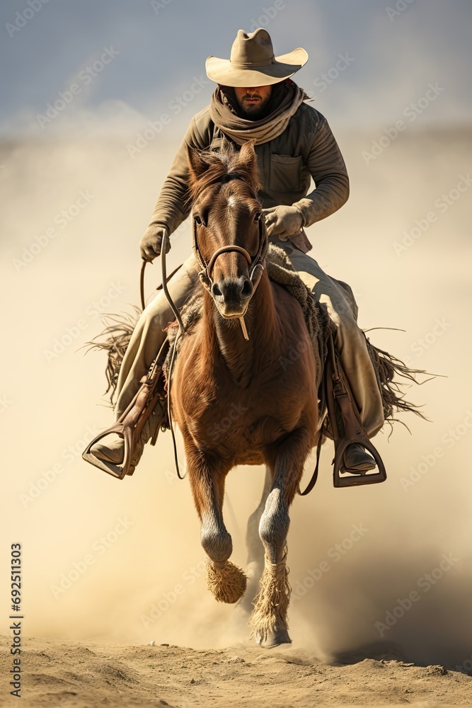 Fototapeta premium A man riding a horse wearing a cowboy hat in the dust of the prairie. Male horse rider vertical photo.
