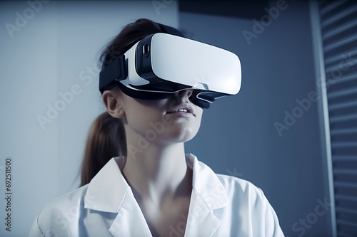 A woman in a modern office setting, engrossed in a virtual reality experience, ai generative