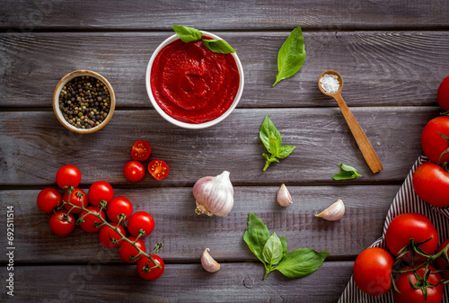 Fototapeta Naklejka Na Ścianę i Meble -  Italian tomato sauce for pasta - passata with tomatoes and basil