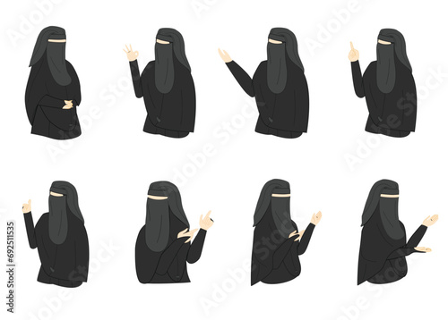 Set of Muslim women in black niqabs are presenting and showing something