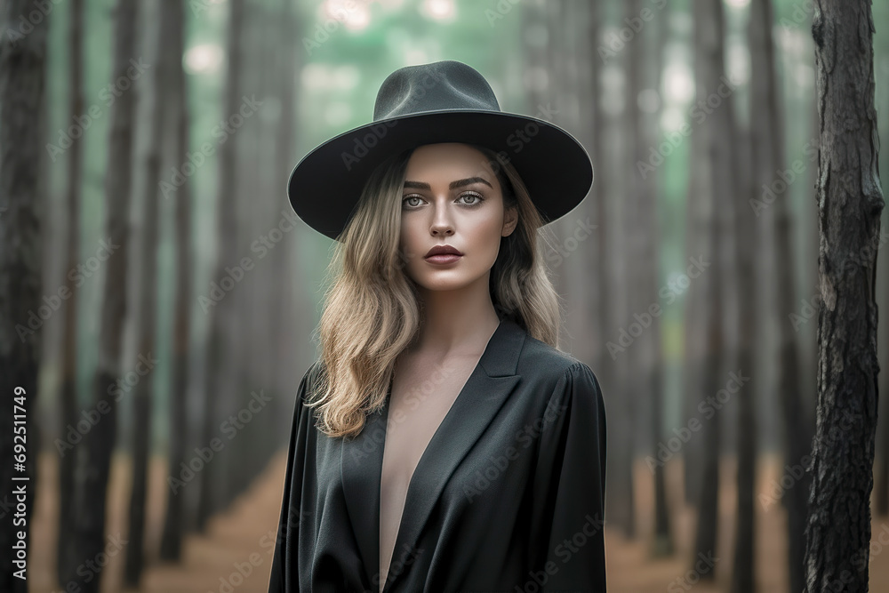woman in a black coat and hat stands in a foggy forest at night, creating a moody and mysterious atmosphere, ai generative woman in a black coat and hat stands in a foggy forest at night, creating a moody and mysterious atmosphere, ai generative