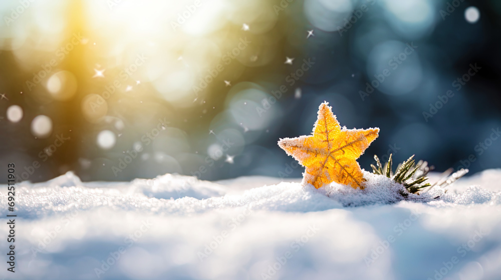 A winter background with a New Year star and snow pollen in the air A winter background with a New Year star and snow pollen in the air