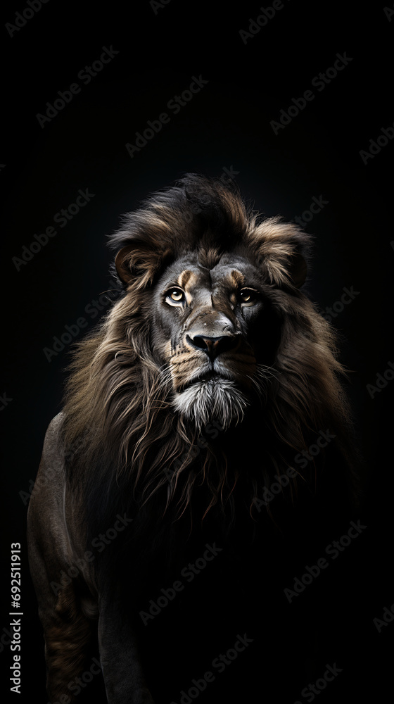 Generative AI. Portrait of a lion on a black background

