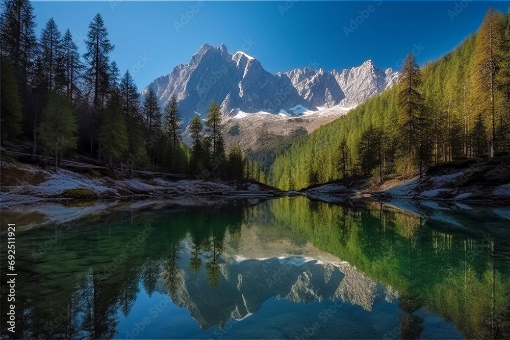 a serene mountain range with a clear blue-green lake in the foreground, flanked by tall green trees, ai generative