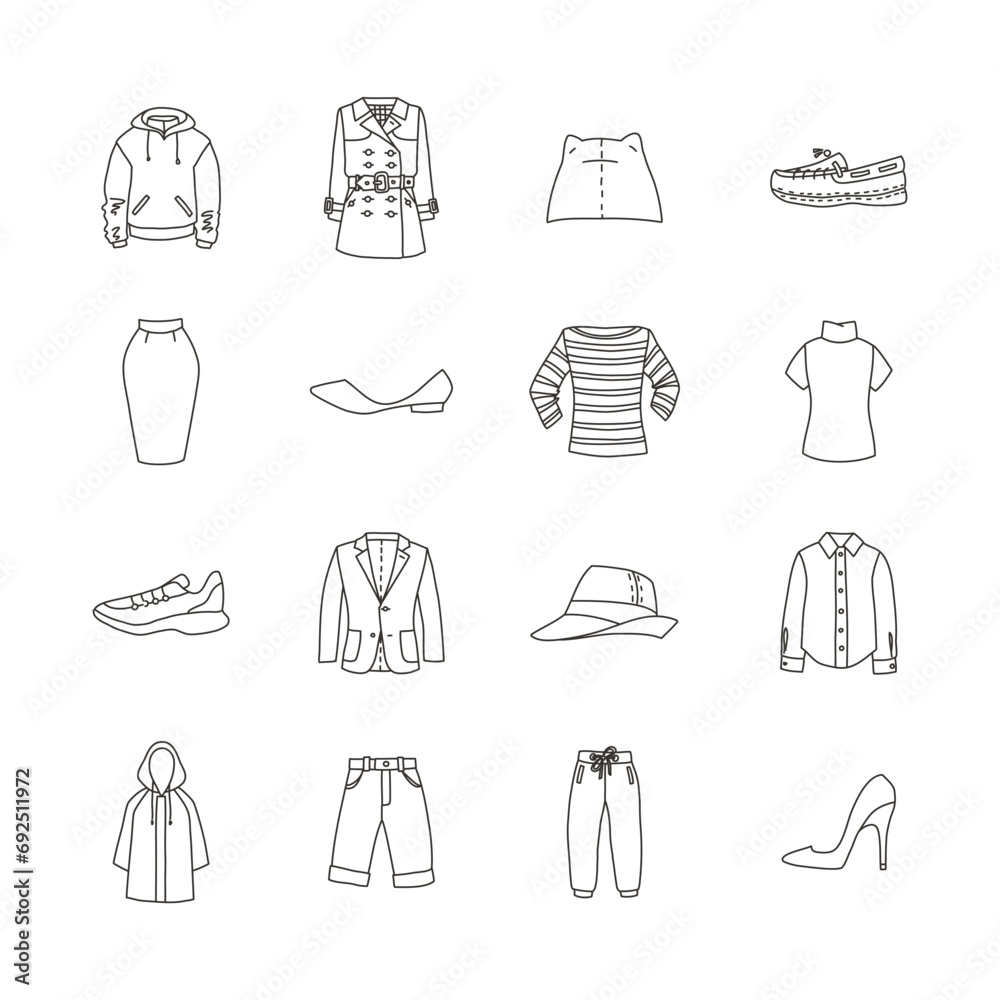 Set of spring clothing icons. etc. Trench, jacket, blazer, hoodie, hat, shoes, sneakers etc. Vector 10 EPS. Set of spring clothing icons. etc. Trench, jacket, blazer, hoodie, hat, shoes, sneakers etc. Vector 10 EPS.