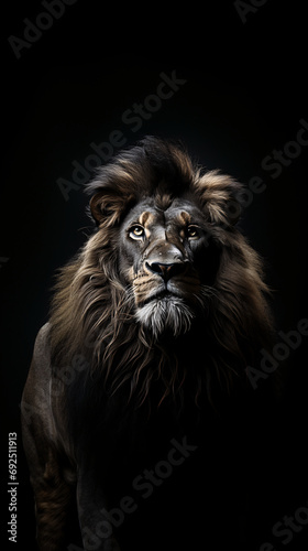 Generative AI. Portrait of a lion on a black background 