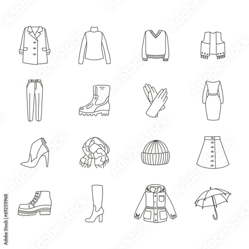 Set of autumn clothing icons. Doodle illustrations of warm clothes isolated on a white background. Coat  jumper  boots  gloves  scarf  hat etc. Vector 10 EPS.