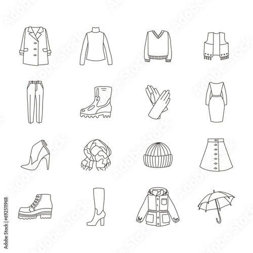Set of autumn clothing icons. Doodle illustrations of warm clothes isolated on a white background. Coat, jumper, boots, gloves, scarf, hat etc. Vector 10 EPS.