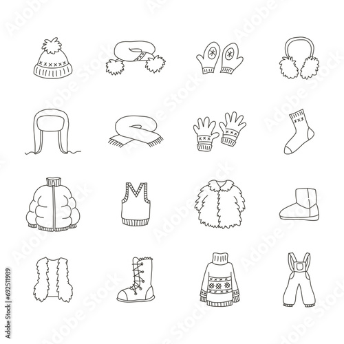 Set of winter clothing icons. Doodle illustrations of warm clothes isolated on a white background. Scarfs, hats, mittens, coats, jackets, boots etc. Vector 10 EPS.