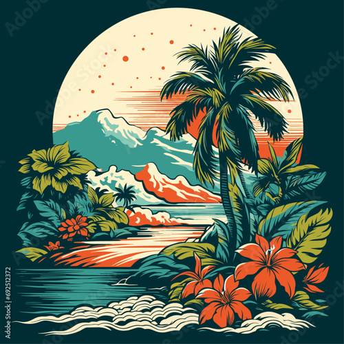 Tropical island with palm trees, t-shirt design, vector illustration.