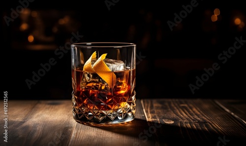 old - fashioned cocktail on a dark wooden bar