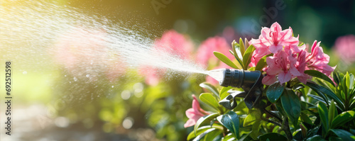 Watering blooming rhododendron in the garden. pink rhododendrons flower are poured with water photo