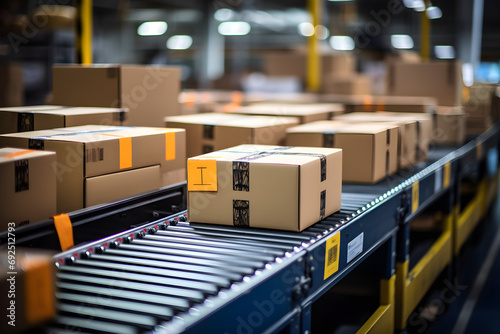 packaging boxes and packages on conveyor belt, in the style of photorealistic, blurred, selective focus