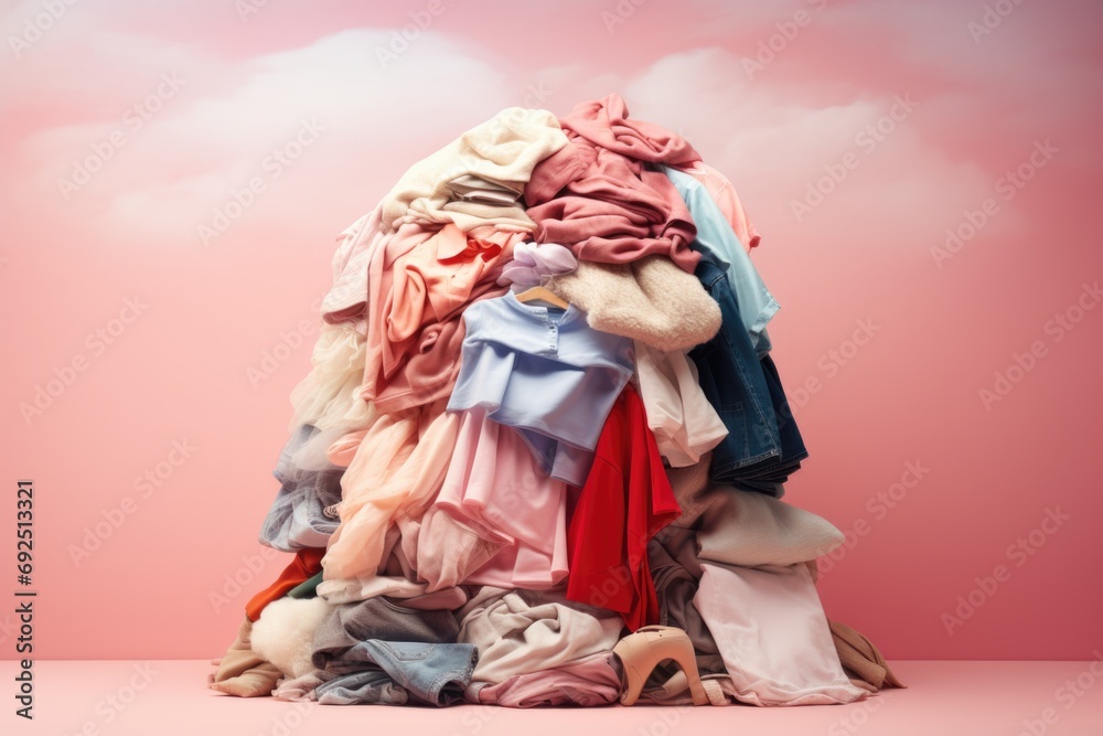 Huge pile of different things on a pastel pink background. Concept of overconsumption.