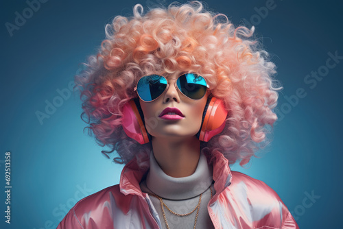 Fashion portrait of a blonde woman in sunglasses with bouffant curly hair wearing 90s style fashionable clothes.