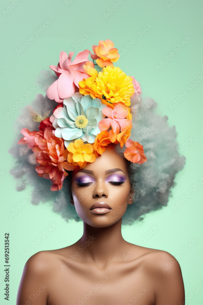 Portrait of African woman with closed eyes with floral hairstyle on pastel blue background.