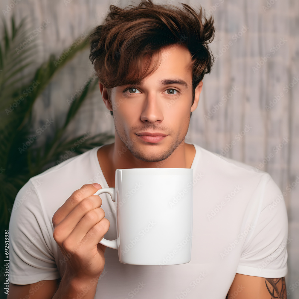 Handsome guy holding a white mug Handsome guy holding a white mug
