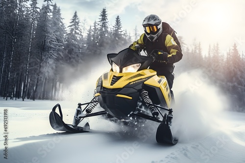 Active fast driving snowmobile on snow covered track photo