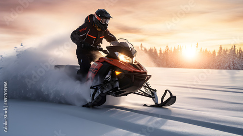 Active fast driving snowmobile on snow covered track