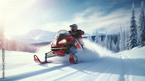 Active fast driving snowmobile on snow covered track photo