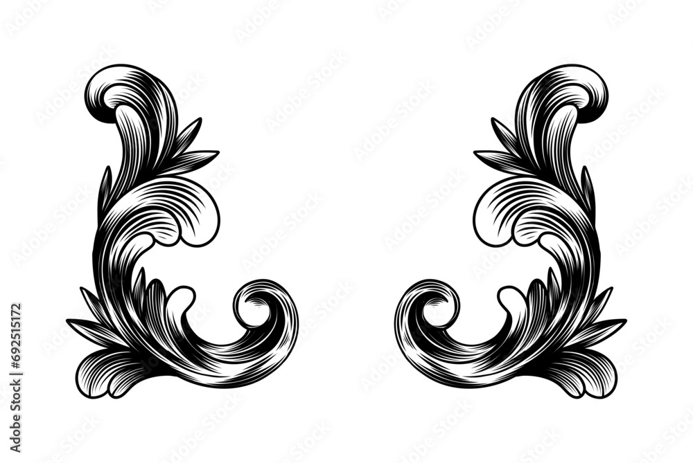 Hand drawn engraved baroque elements and decoration - obrazy, fototapety, plakaty 
