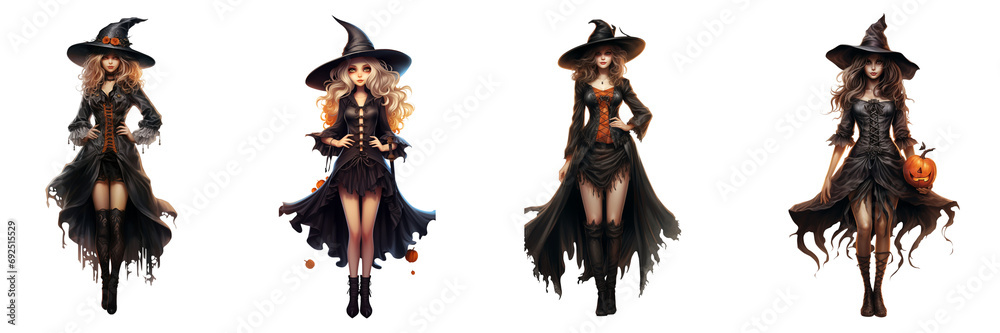 Set of Halloween beautiful witches in a black dress with flame water isolated on a transparent or white background Set of Halloween beautiful witches in a black dress with flame water isolated on a transparent or white background