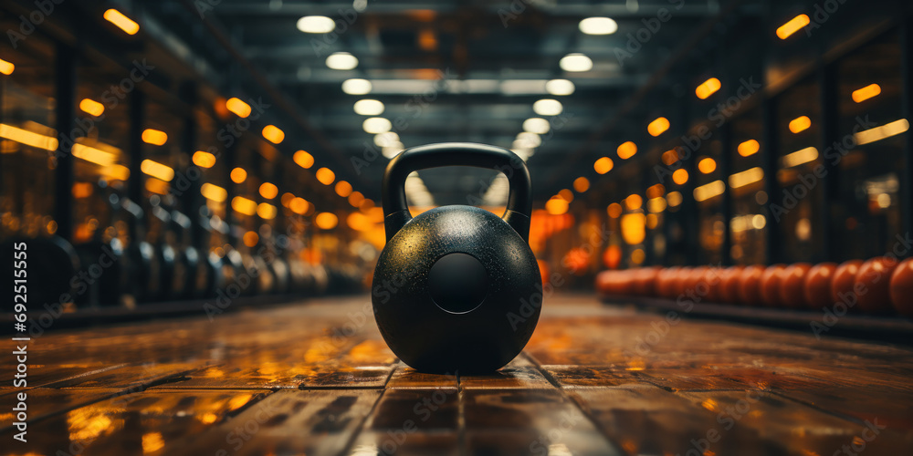 Gym essentials set the scene for a focused workout with a black kettlebell and headphones. - obrazy, fototapety, plakaty 