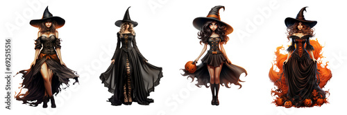 Set of Halloween beautiful witches in a black dress with flame water isolated on a transparent or white background