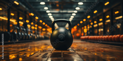 Gym essentials set the scene for a focused workout with a black kettlebell and headphones. photo