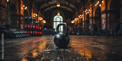Black kettlebell and earphones await an intense gym session on a dark floor.