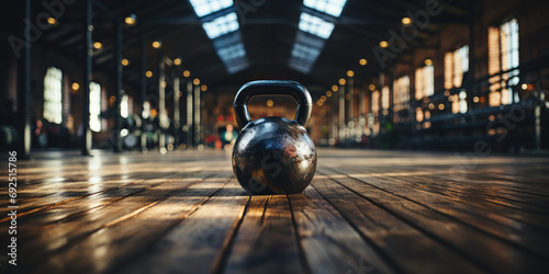 Gym essentials set the scene for a focused workout with a black kettlebell and headphones. © sopiangraphics