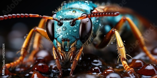 Macro shot reveals the intricate detail of a wasp, highlighting its vivid blue eyes.