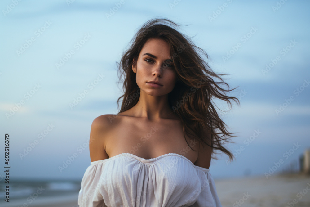 Beautiful Brunette Woman in White Off the Shoulder Dress Standing on a Beach Beautiful Brunette Woman in White Off the Shoulder Dress Standing on a Beach