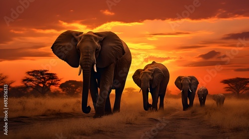 Family of elephants walking through the savana at sunset
